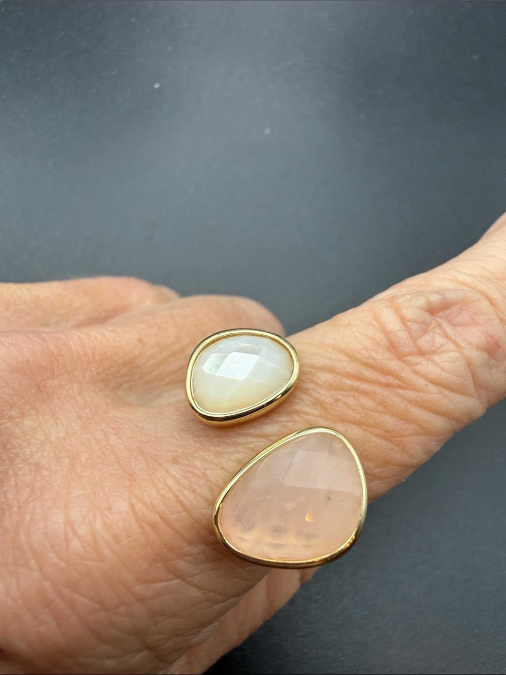Adina Eden Elegant Pink and Cream Gemstone Open Ring - Gold Tone adjustable